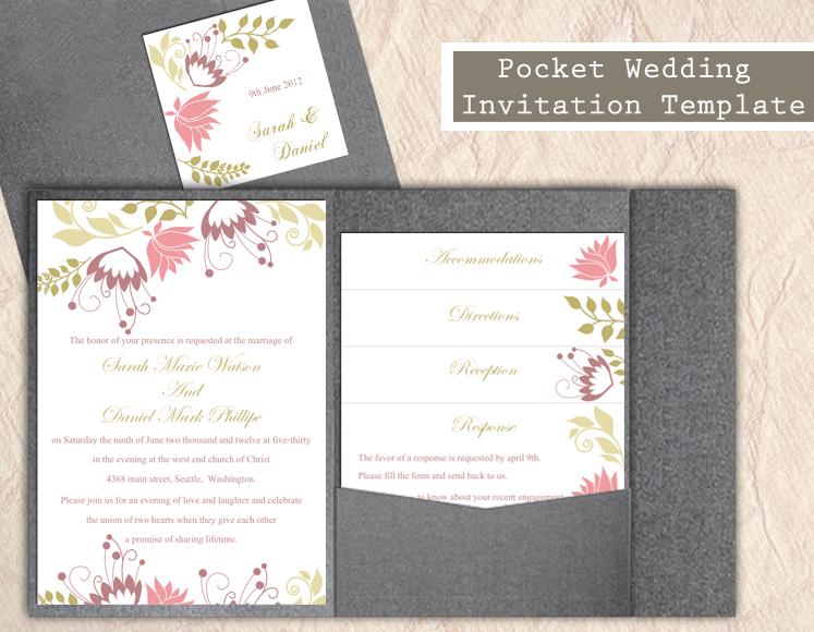 Hochzeit - Pocket Wedding Invitation Template Set DIY EDITABLE Word File Instant Download Floral Invitation Colorful Invitations Printable Invitation