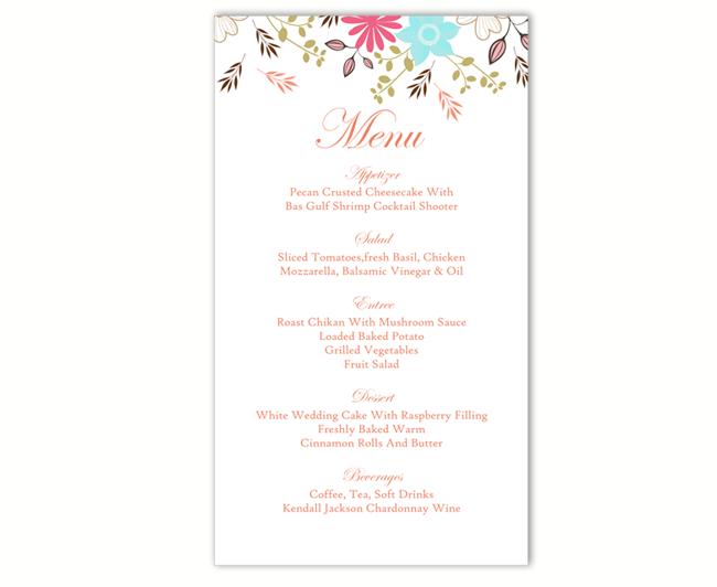 Mariage - Wedding Menu Template DIY Menu Card Template Editable Text Word File Instant Download Leaf Menu Floral Menu Template Printable Menu 4x7inch