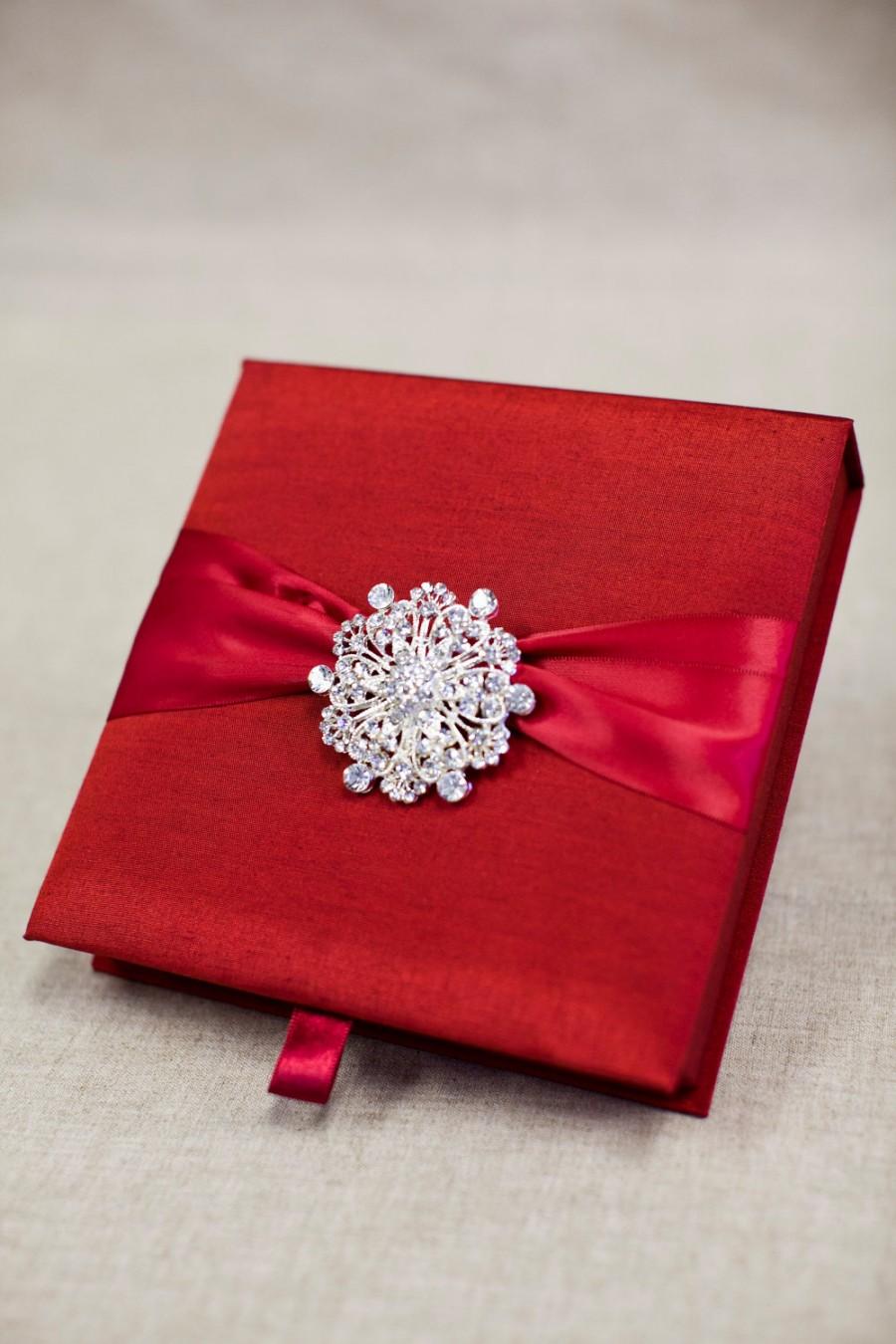 Mariage - Wedding Invitation Silk Fabric Box with Satin Ribbon and a Shimmery Rhinestone Brooch