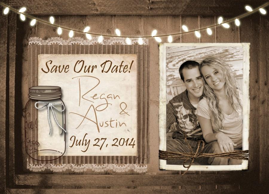 Wedding - Rustic and Lace Save the Date, Mason Jar, Lights, Wood Fence, Photos, Digital File, Printable, 5x7