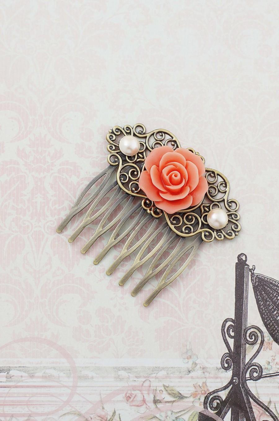 Свадьба - Wedding hair accessories Bridesmaids Gift Wedding Hair Comb Vintage Style Coral Rose Flower Bridal Hair Comb Bridal Hair accessories
