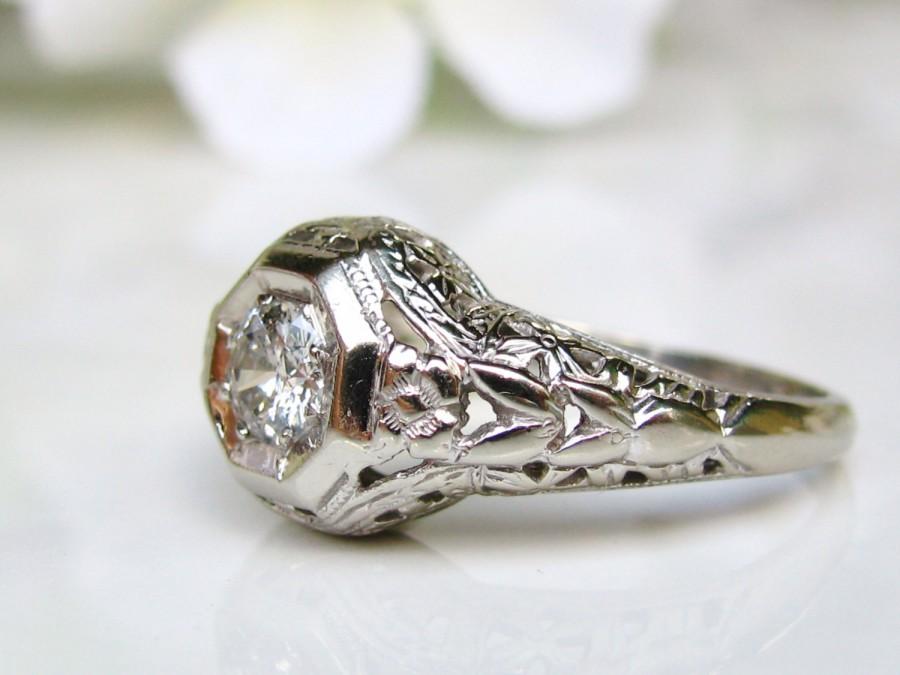 Hochzeit - Vintage Engagement Ring 0.25ct Diamond Wedding Ring 14K White Gold Orange Blossom Motif Basket Weave Filigree Ring  Size 6!