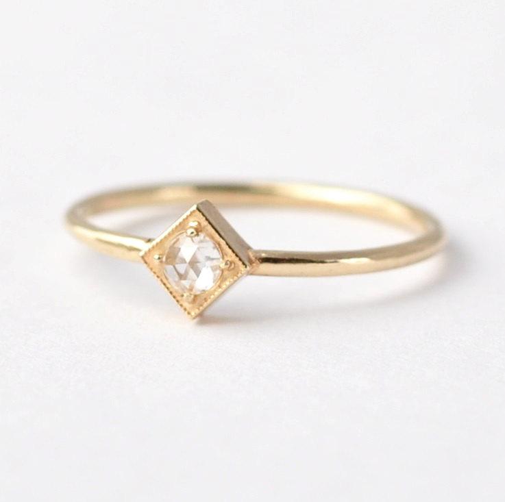 زفاف - Rose Cut Diamond Ring: 14K/18K Gold Square Setting Solitaire
