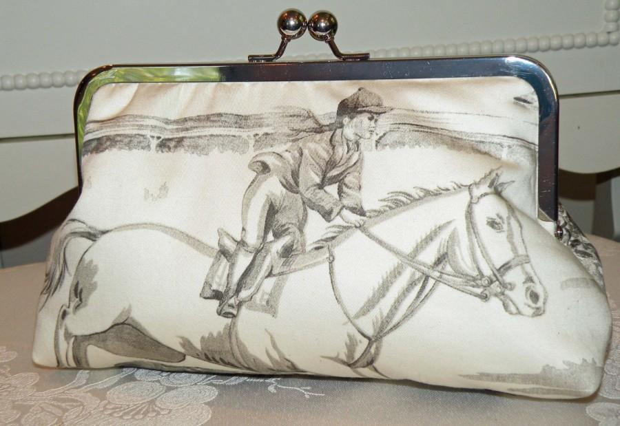 زفاف - Equestrian Clutch/Purse/Bag..Horse and Rider Jumper.Bridal Theme.Cream with Gray or Pink Cotton Designer Toile Fabric/Long Island Bride Gift