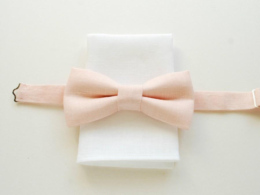 زفاف - Pale Peach Linen Bow Tie- pre-tied adjustable Men's, Groom's Bow tie- Blush Wedding ties
