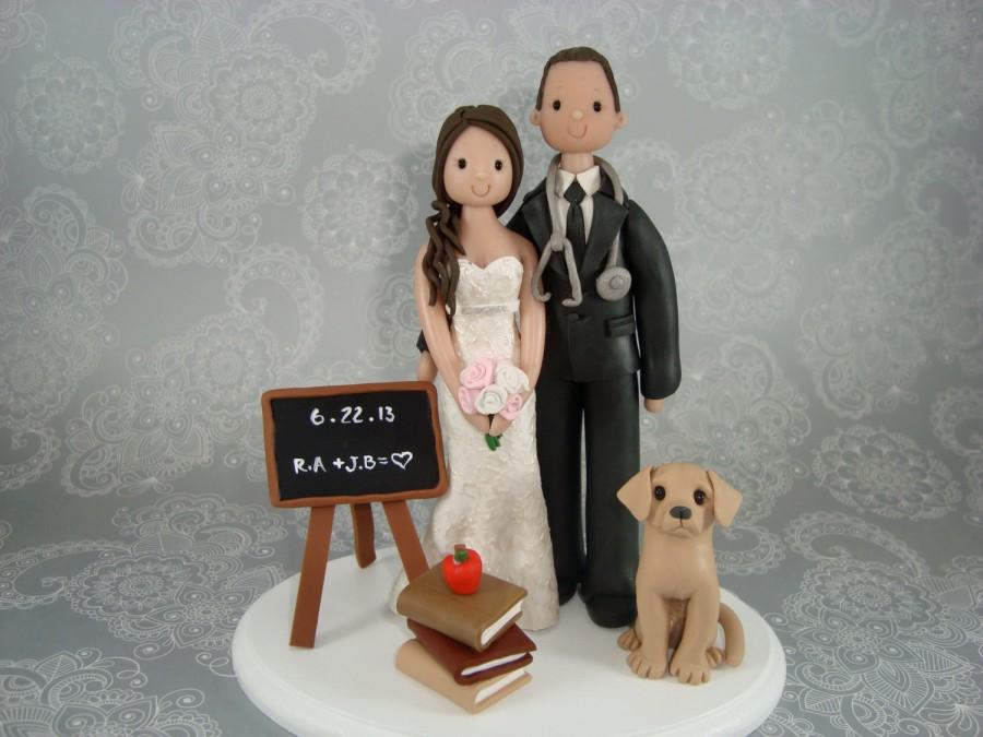 Hochzeit - Customized Wedding Cake Topper Doctor & Teacher with a Dog