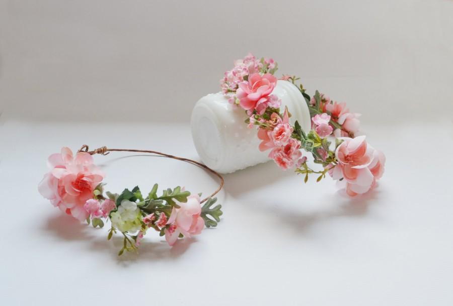 Hochzeit - Silk Flower Crown in Peach with Peach Blossoms and Greenery Boho Bridal Accessories