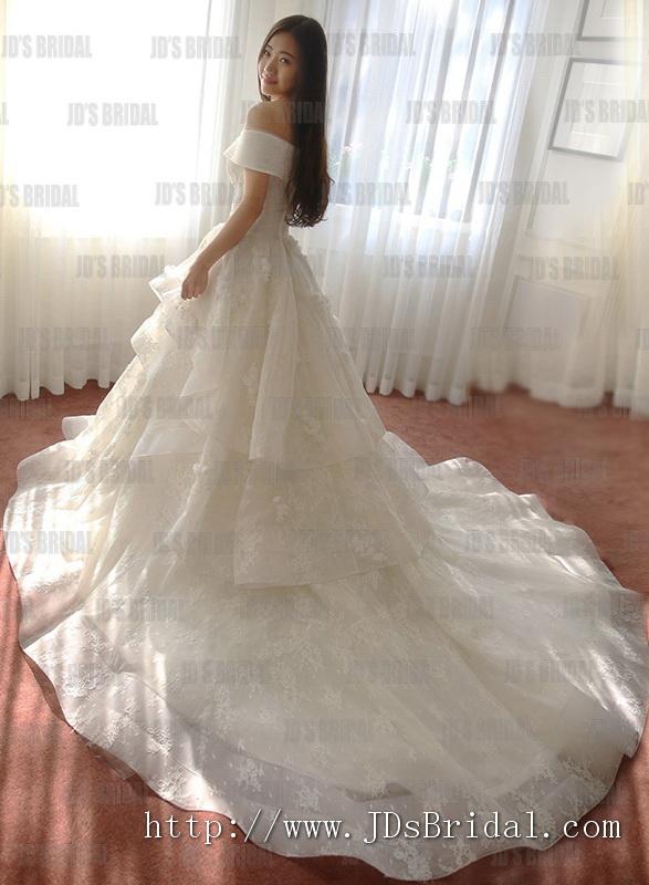 زفاف - JW16181 Romance portrait neckline tiered lace organza ball gown wedding dress