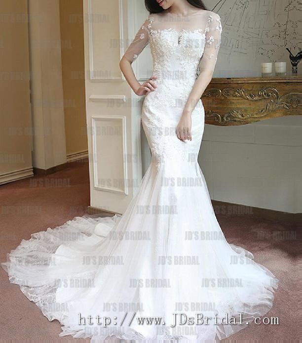 Mariage - JW16184 Romantic 2016 illusion tulle top short sleeves mermaid wedding dress