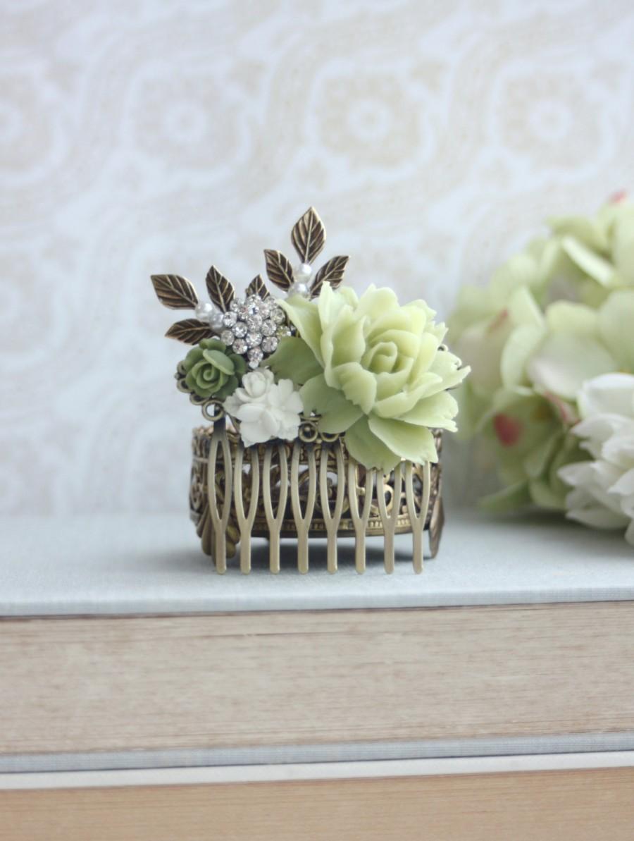 Hochzeit - Ivory Rose, Green, Olive, Clear Rhinestone, Sprig Leaf, Brass Leaves Pearls, Flower Hair Comb. Bridesmaid Gift, Rustic Green Ivory Wedding