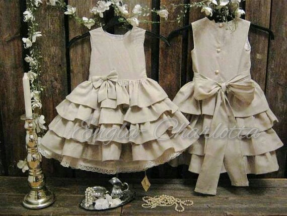 Wedding - Country flower girl dress, rustic flower girl dress, flower girl dress, beige flower girl dress, linen flower girl dress, ruffle flower girl