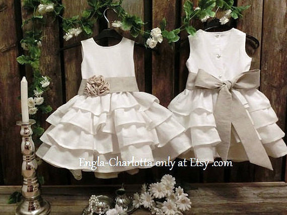 Hochzeit - Rustic flower girl dress, country flower girl dress, off white flower girl dress, linen flower girl dress, rustic wedding girls rustic dress