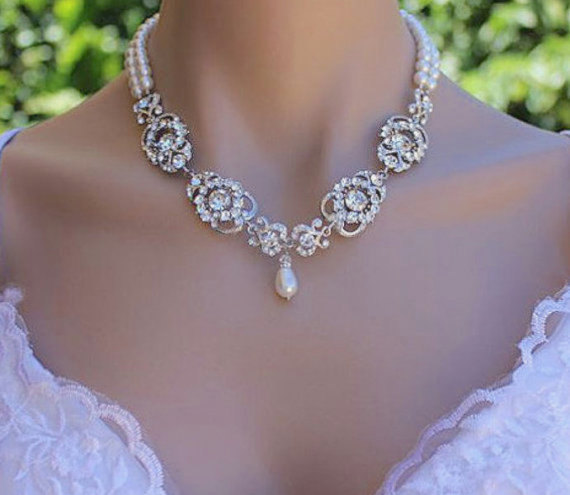 Hochzeit - Bridal Necklace, Vintage Wedding Jewelry, Bridal Pearl and Crystal Necklace, LONDON 2