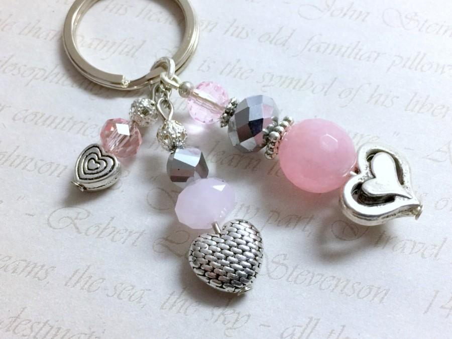 زفاف - Pink Quartz gemstone and silver heart keychain, Pink wedding favor, Baby shower party favor, Boho chic charm, Zipper pull keyring