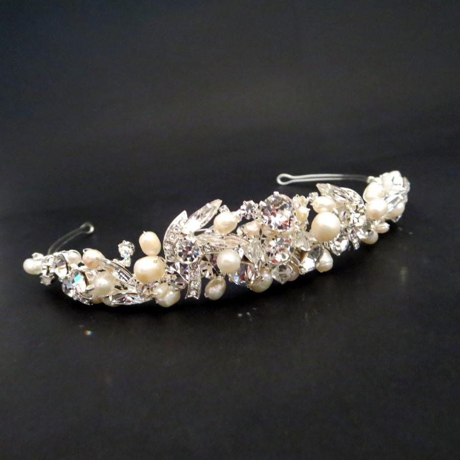 زفاف - Wedding tiara, Bridal rhinestone and pearl tiara, Bridal headband, Wedding hair accessory, Freshwater pearl