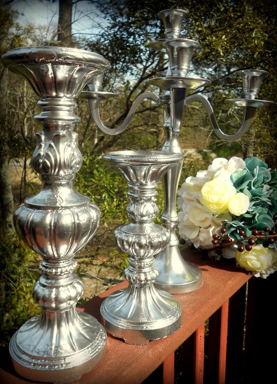 Wedding - Brilliant Silver Candelabra Set- 15" tall,11.5" tall &8" tall. Sold in Bulk. Formal Reception, Silver Party,Steampunk Victorian,Baroque Home