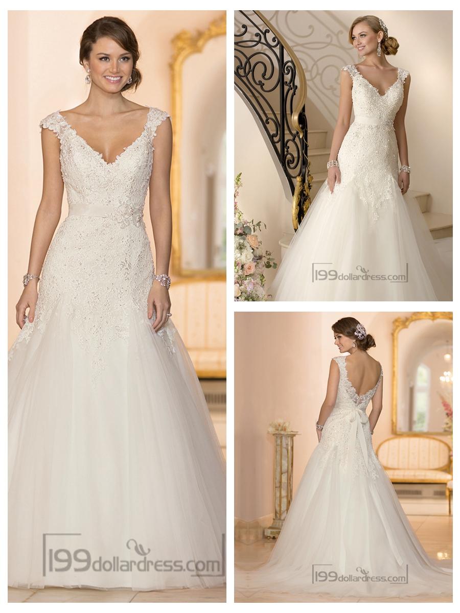 زفاف - Cap Sleeves V-neck A-line Lace Beaded Deep V-back Wedding Dresses