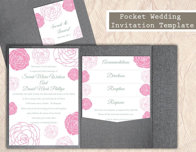Mariage - Pocket Wedding Invitation Template Set DIY EDITABLE Word File Download Floral Rose Invitation Pink Wedding Invitation Printable Invitation