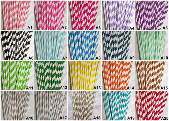 Mariage - 100 PAPER PARTY STRAWS "Pick Your Own Colors" Birthday Bridal Baby Shower Girl Boy Decorations, Wedding Decor, Gold Striped Mason Jar Straws
