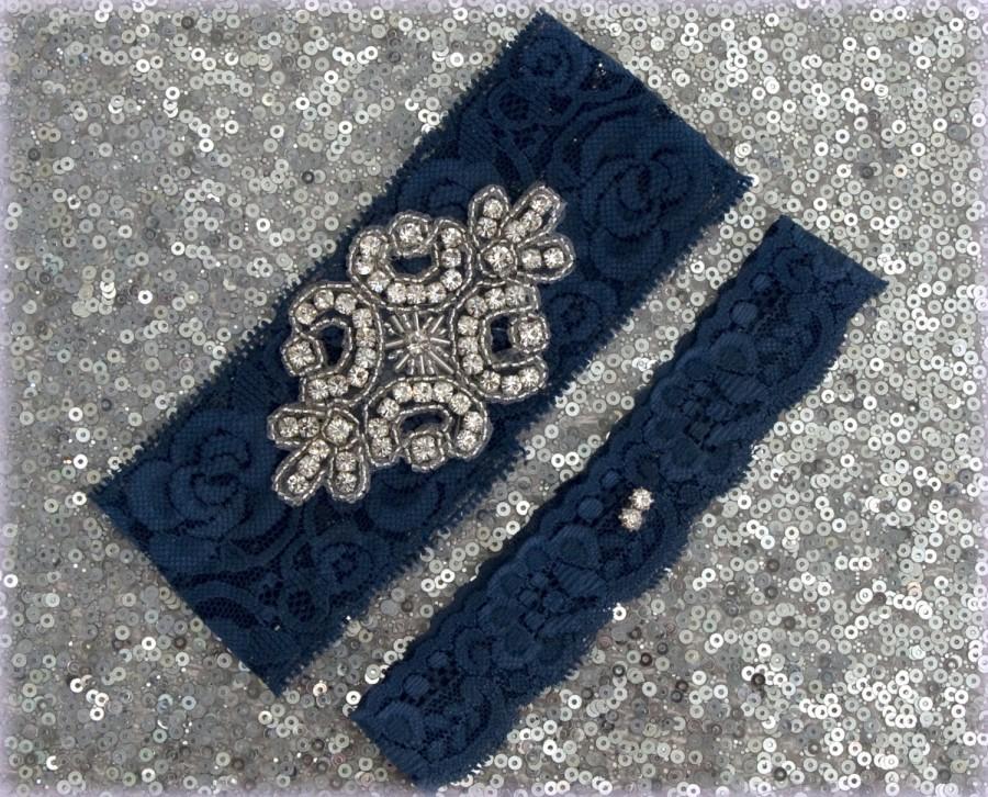 Свадьба - Wedding Garter Set - NAVY Lace SILVER Rhinestone Crest Show & Dual Stud Toss - other colors available