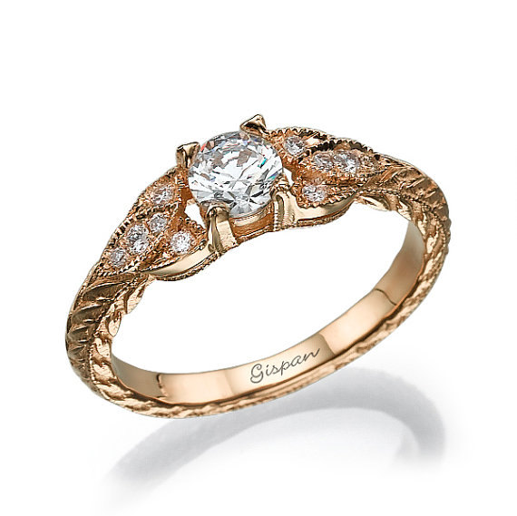 Wedding - Antique Moissanite Engagement Ring 14K Rose Gold, Moissanite Ring ,Vintage Ring, Art Deco Ring, Diamond Ring, Leaves Ring, Gispandiamonds