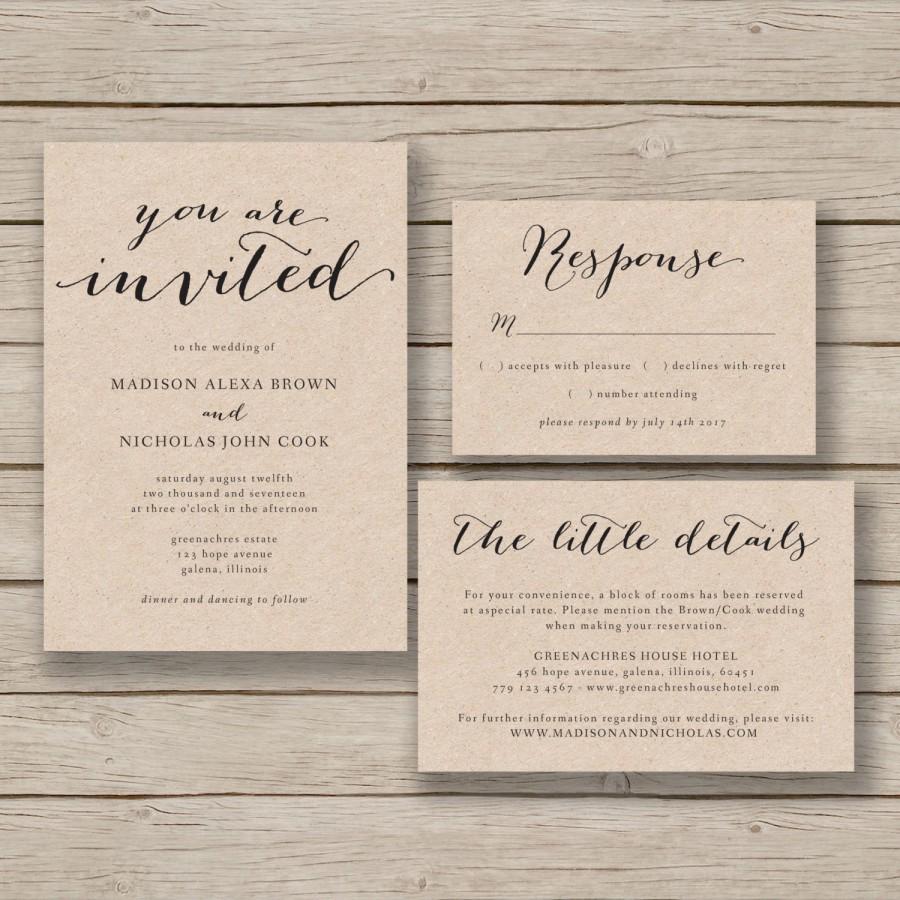 Mariage - Printable Wedding Invitation Template - Rustic Invitation Suite- DIY Invite EDITABLE by YOU in Word - calligraphy style - print on Kraft