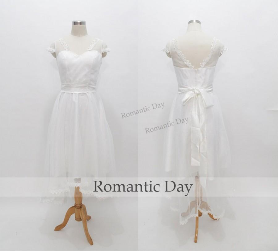 زفاف - White high low Lace Illusion Shoulder tulle short bridesmaid dresses/sweetheart Capped Sleeve Beach Wedding Dress/plus size dress 0247