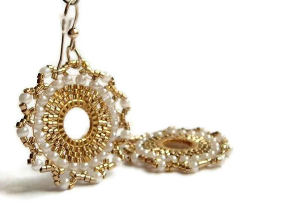 Hochzeit - Bridal Earrings 24  Karat Gold Plated  Beads and  Pearls  Romantic  Handmade Mandala  Beadwork Jewelry