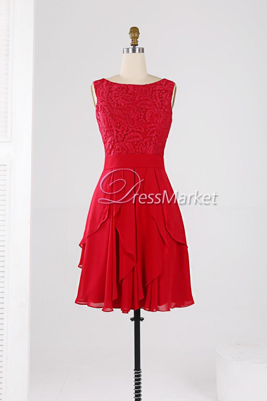 زفاف - Knee length red homecoming dress,Short Bridesmaid dress,Knee length chiffon and lace wedding party dress,Short prom dress,DressMarket022