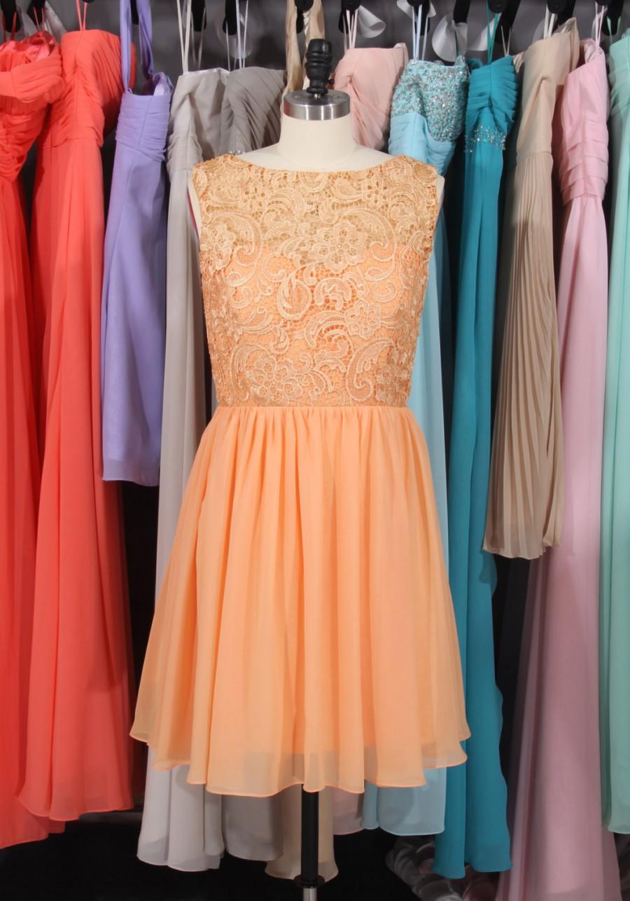 Mariage - Peach bridesmaid Dress, Scoop Neck Short Lace Chiffon Bridesmaid Dress, Custom Made Bridesmaid Dress