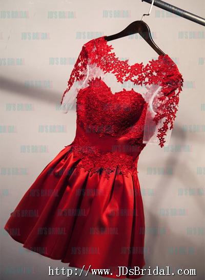 زفاف - PD16015 Red color short lace sleeves homecoming party dress