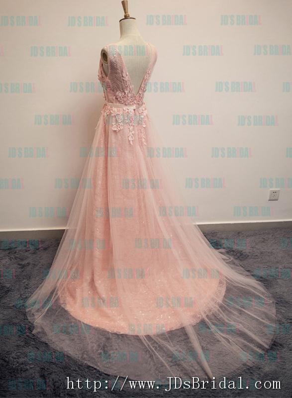 زفاف - PD16016 Sparkles Pink blush v neckline tulle long prom evening dress