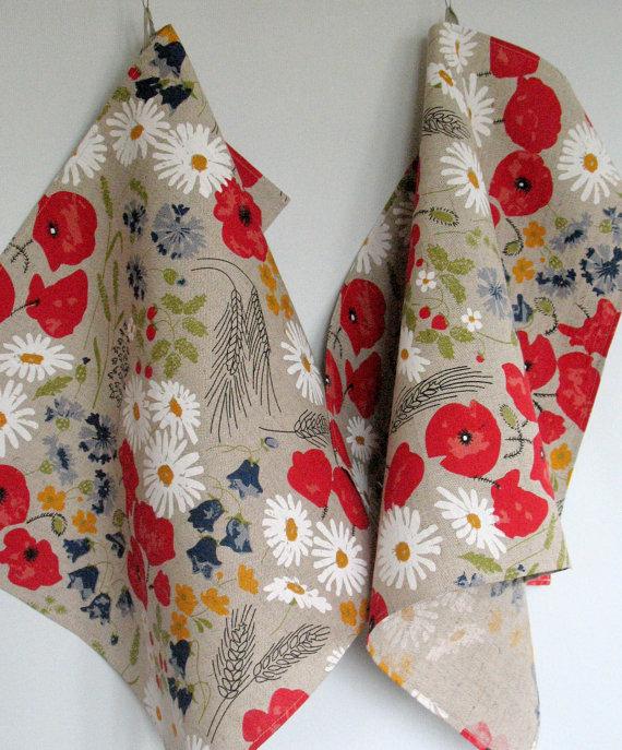 Hochzeit - Linen Cotton Dish Towels Daisies Poppies Cornflowers Flowers Tea Towels