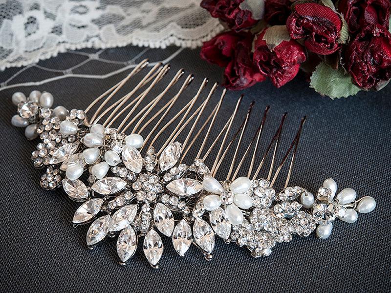 زفاف - Wedding Crystal Hair Comb, Freshwater Pearl and Rhinestone Bridal Comb, Flower & Leaf Bridal Hair Accessories, Oval Crystal Comb, ALYSON