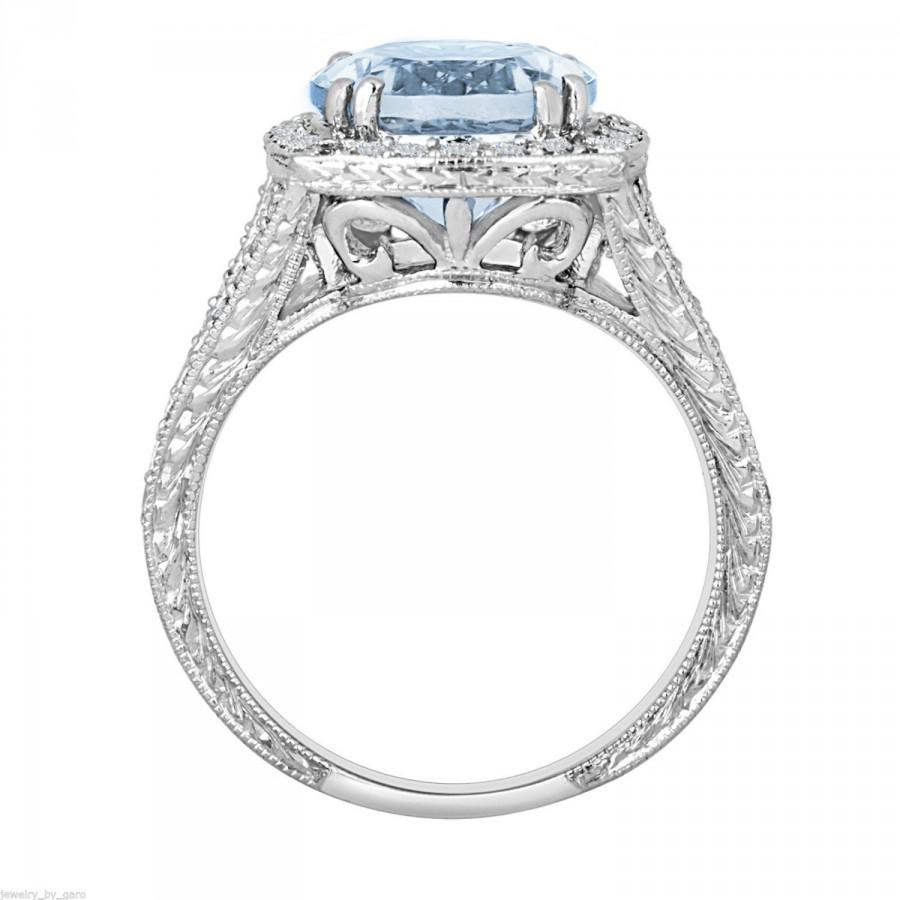 Hochzeit - Platinum Aquamarine & Diamond Engagement Ring 2.90 Carat Antique Vintage Style Hand Engraved Pave Halo Handmade Certified