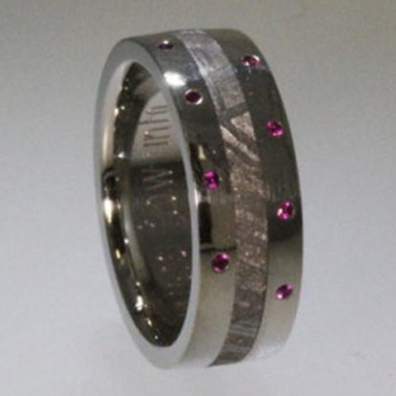 زفاف - Meteorite Ring, Palladium Wedding Band Set 8 Rubies