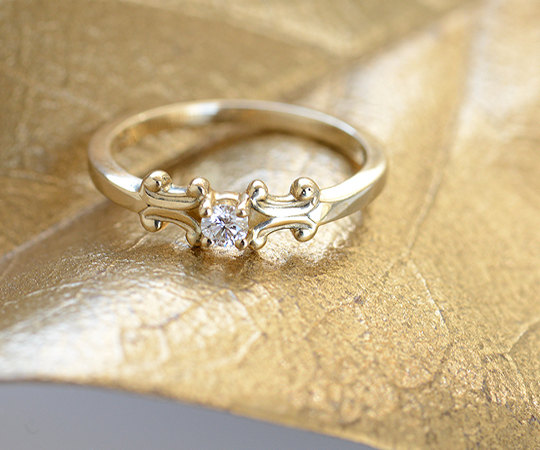 زفاف - Diamond 14k Gold Scroll Engagement Ring - Size 6 Ready To Ship