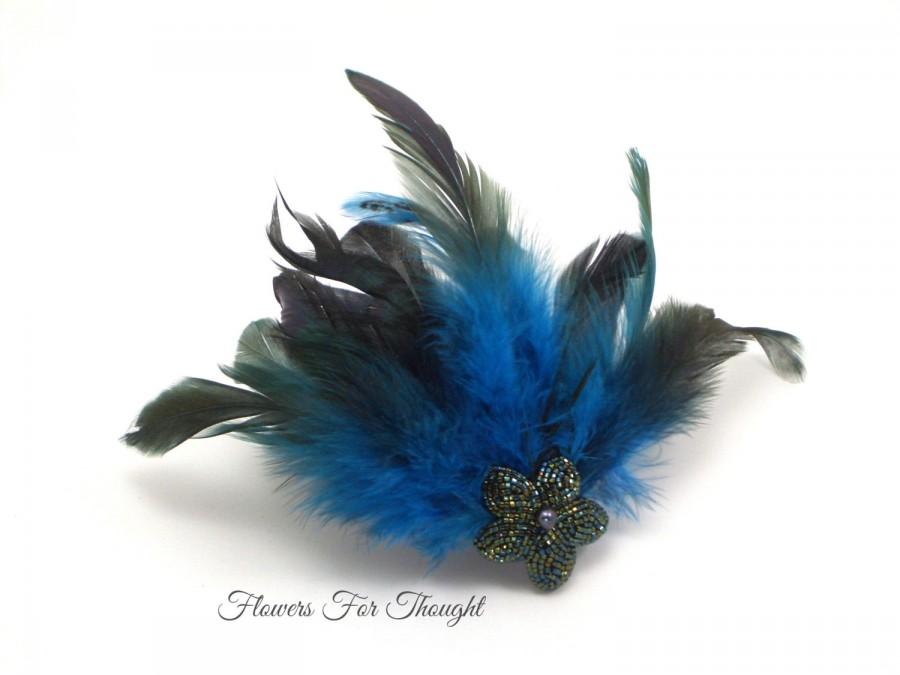 زفاف - Blue Feather Fascinator, FFT Original Design, Headpiece Beaded Flower Freshwater Pearl Bride Bridesmaid Wedding Hair Accessory