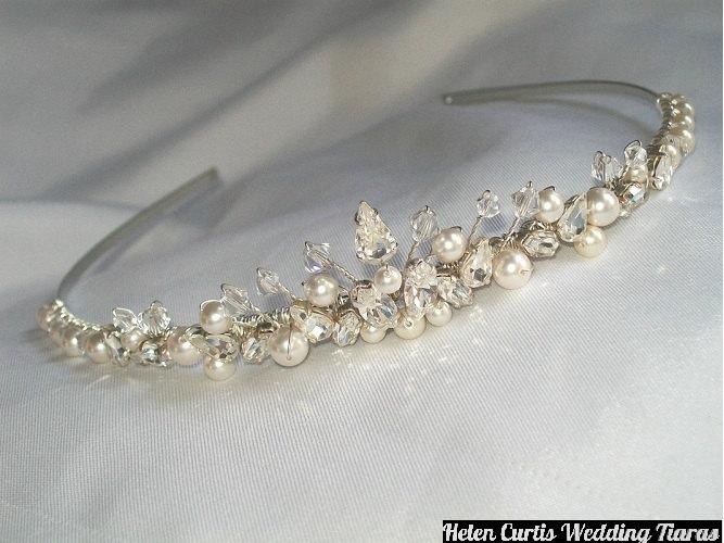 Wedding - Dainty Bridal Wedding Tiara Headpiece ,  ivory / white pearls clear crystals & clear diamantes + Free pearl drop earings .