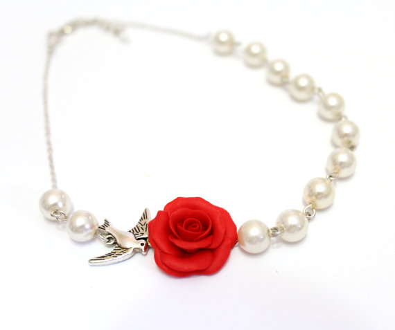 Wedding - Bridesmaid Jewelry Red rose, Red Flower Necklace, For Her, Jewelry, Wedding White pearl, Red rose Bridesmaid Jewelry, Bridesmaid Necklace