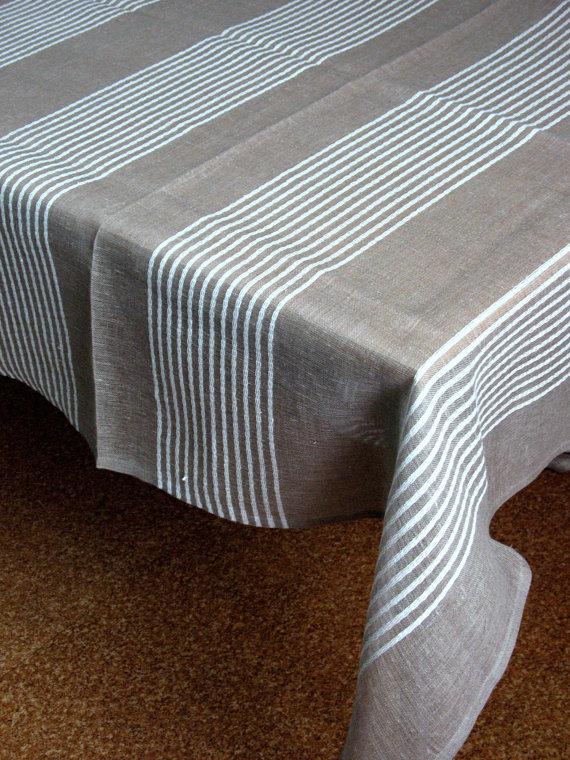 زفاف - Linen Tablecloth Natural White Gray in Stripes 76,8" x 57,5"