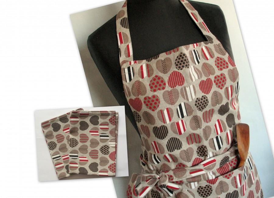 Свадьба - Linen Kitchen kit Utility Apron Womens Aprons for women mothers day gift Easter Apron Towels Natural Gray Heart Love Wedding