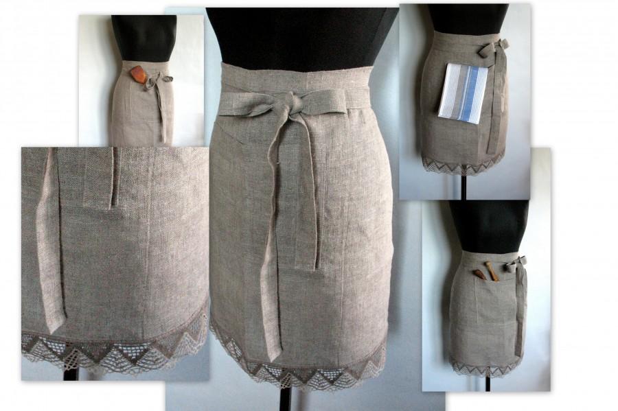 Mariage - Linen Kitchen Half Apron Gardening Chef Aprons Teachers Apron Natural Gray Prewashed Linen and Lace