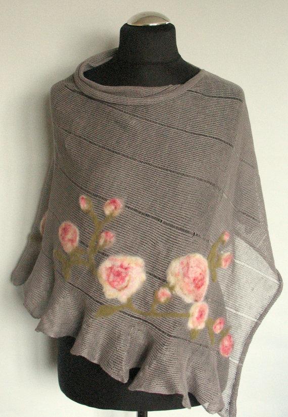 زفاف - Linen Shawl Cape Clothing Natural Gray Pink Roses Flowers Felted Wool mothers day gift
