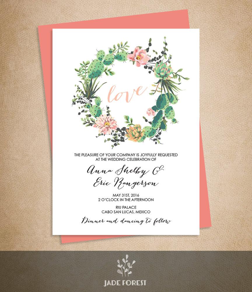 زفاف - Floral Wedding Invitation DIY //  Pink Flowers and Cactus Succulent // Mexican Fiesta // Printable PDF ▷ Wedding Invite Printable