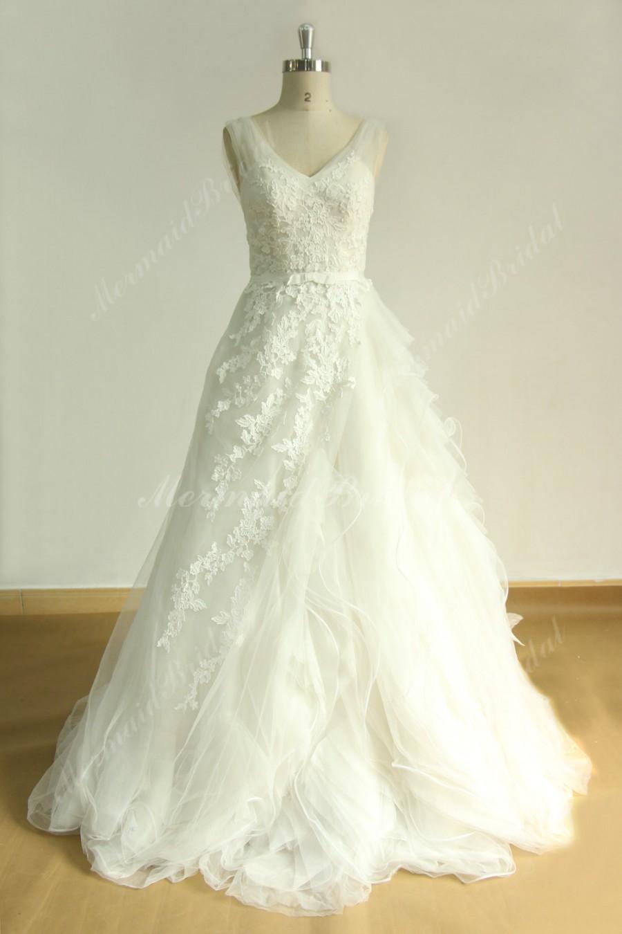 Свадьба - Deep v neckline Unique designed lace tulle ruffled A line wedding dress