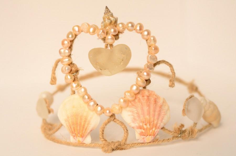 Wedding - Sea Glass Tiara Crown, Beach Wedding Hair Accessories, Mermaid Costume Adult, Seashell Crown, Pearls, Heart Shape, Adjustable