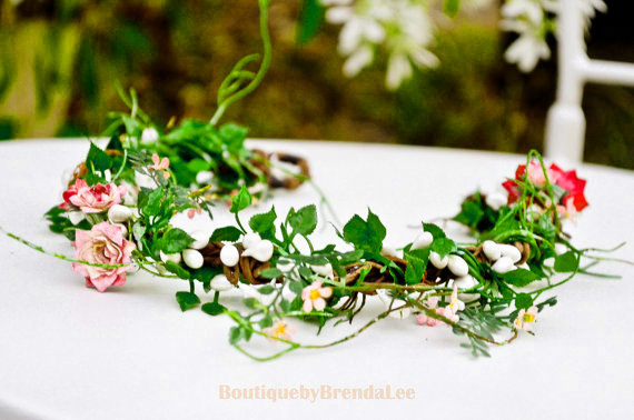 Wedding - BRENDA LEE Mini pink flower / red flower head wreath/garland/bride/bridesmaid/girl/circlet/halo/woodland/hair ring/green millinery