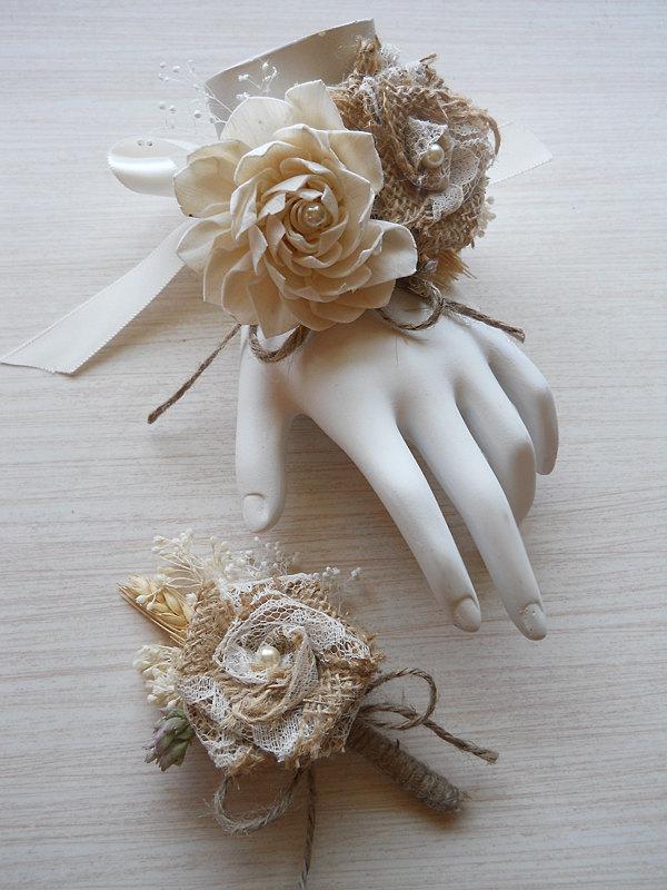 Wedding - Burlap & Sola Flower Wedding Wrist Corsage and/or Boutonniere, for Rustic, Country, Bohemian, Woodland, Style Weddings. Made to Order.