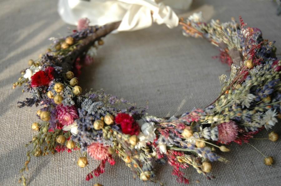 Свадьба - Bridal Flower Crown Dried Lavender and Dried Flowers for Brides, Bridesmaids, Flowergirls